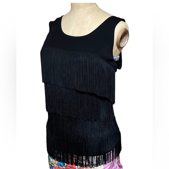 Cyrus Tiered Fringe Tank Top Black Layered Tiered Rayon - Picture 1 of 16